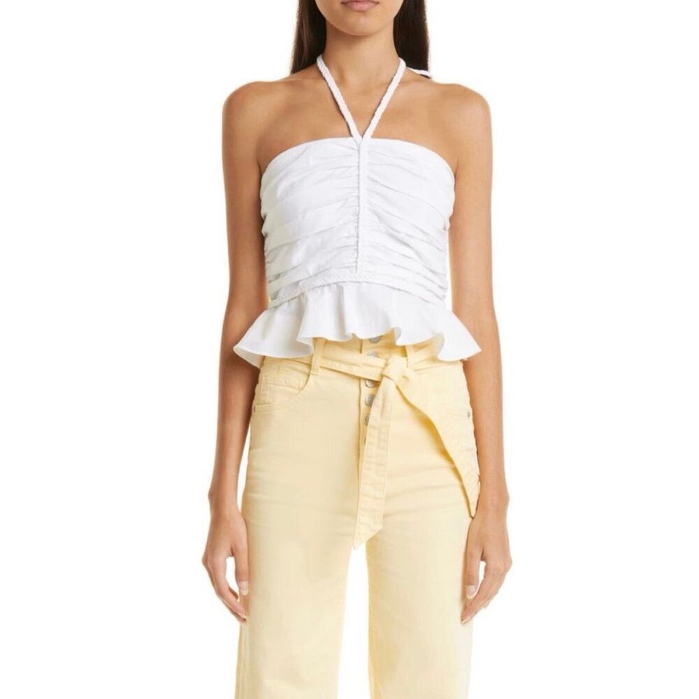 Veronica Beard Arienne Ruched Stretch Cotton Halter Top | White in 12